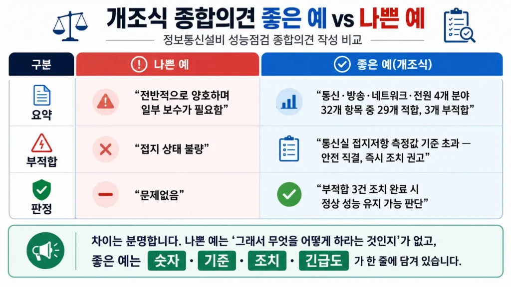 정보통신설비 성능점검 종합의견 개조식 작성 비교