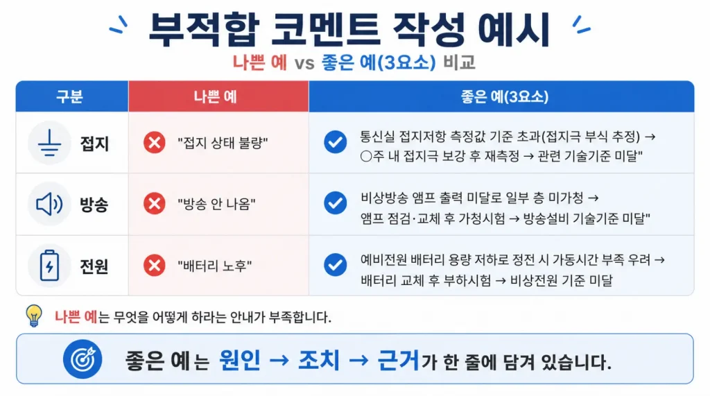 정보통신설비 성능점검 부적합 코멘트 좋은 예 나쁜 예